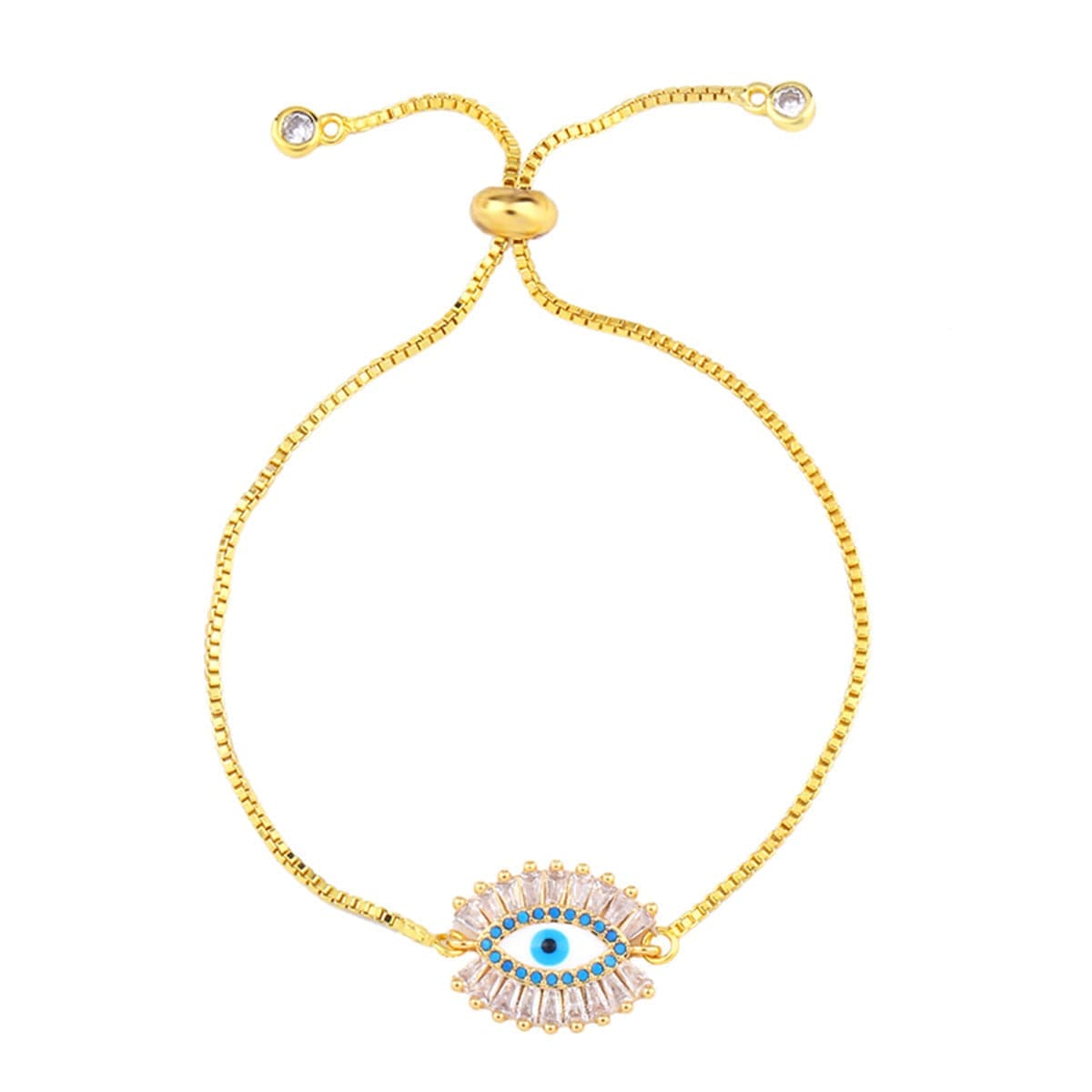 Teal Cubic Zirconia & Goldtone Evil Eye Adjustable Bracelet
