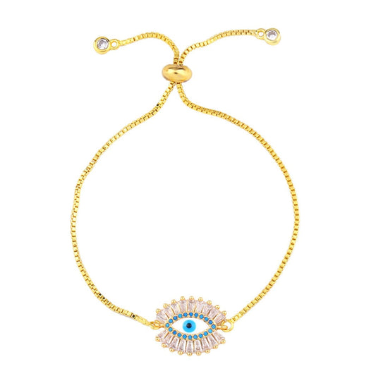 Teal Cubic Zirconia & Goldtone Evil Eye Adjustable Bracelet