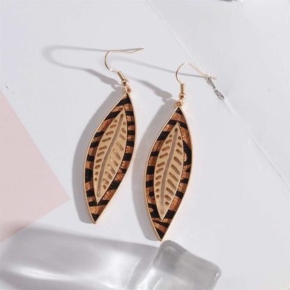 Orange Polyurethane & Goldtone Stripped Leaf Drop Earrings