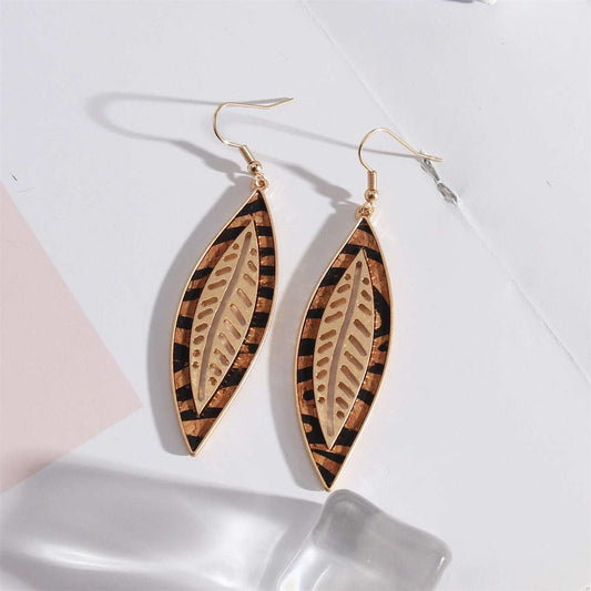 Orange Polyurethane & Goldtone Stripped Leaf Drop Earrings