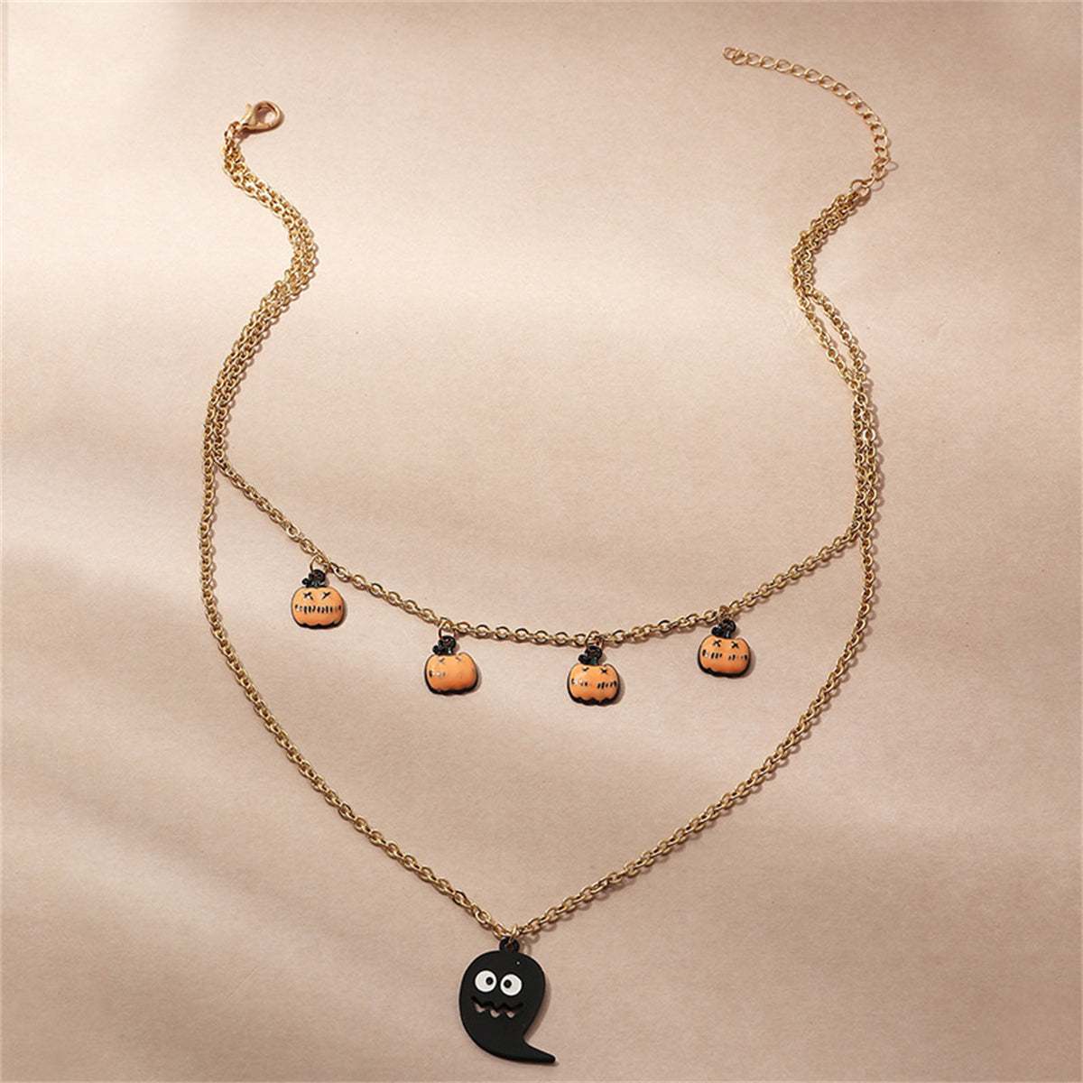 Goldtone & Black Enamel Ghost & Pumpkin Station Layered Pendant Necklace