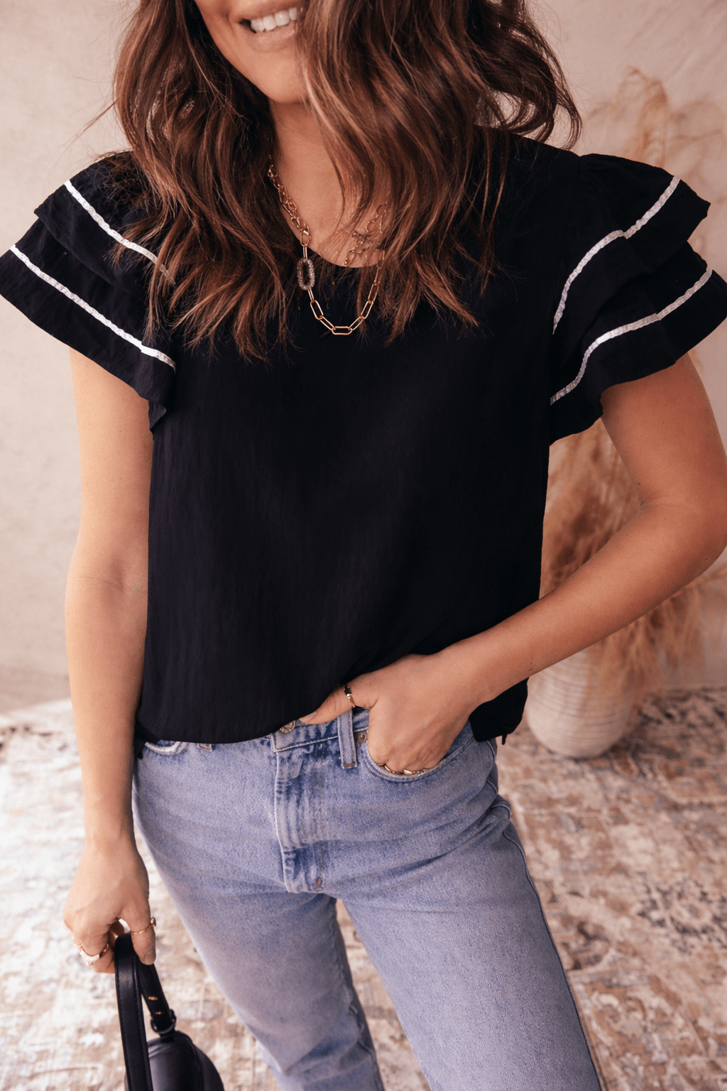 Amani Short Sleeve Textured Blouse - Black / L - 12/14