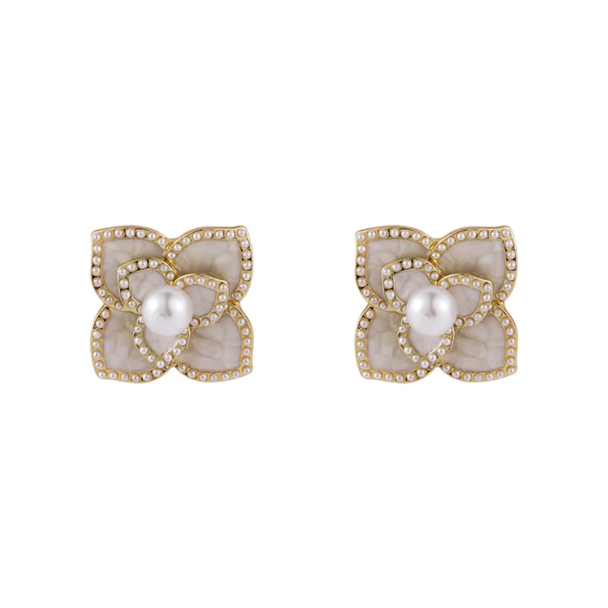 Pearl & White Camellia Goldtone Stud Earrings