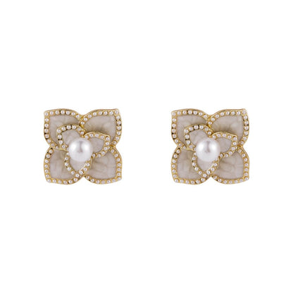 Pearl & White Camellia Goldtone Stud Earrings