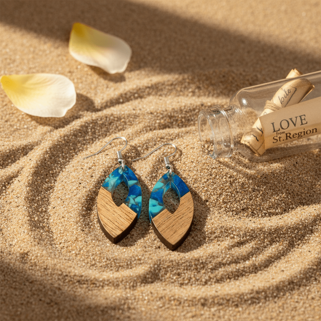 Navy Resin & Wood Silvertone Leopard Print Leaf Hook Earrings
