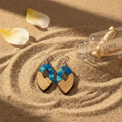 Navy Resin & Wood Silvertone Leopard Print Leaf Hook Earrings
