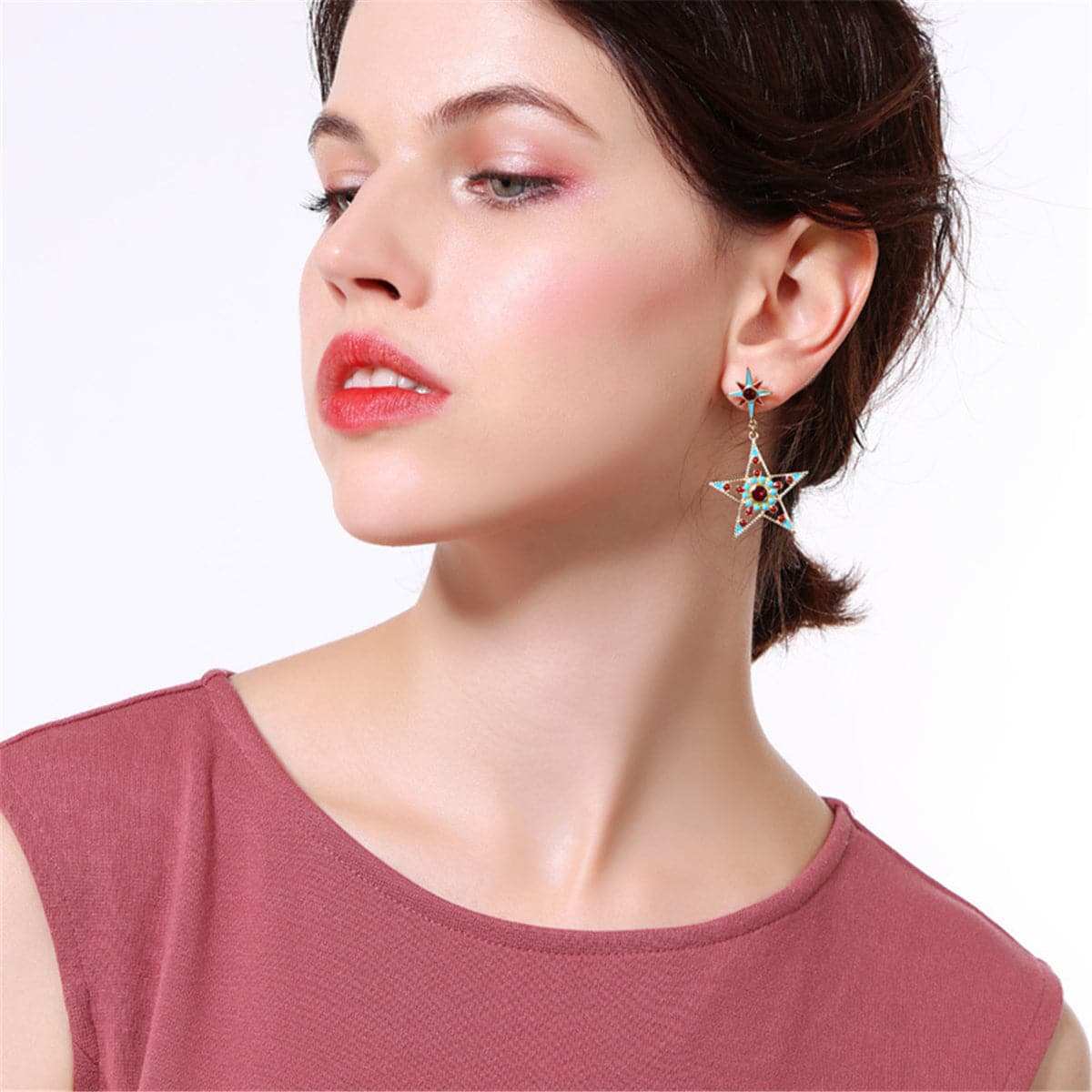 Teal & Goldtone Star Moon Asymmetrical Drop Earrings