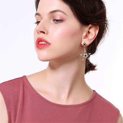 Teal & Goldtone Star Moon Asymmetrical Drop Earrings