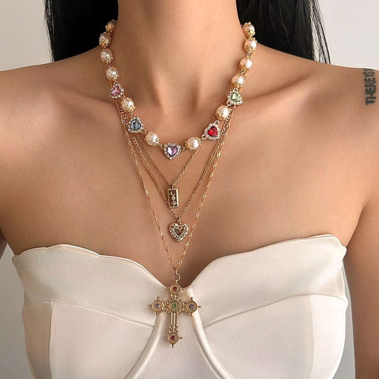 Multi-Colored Crystal & Cubic Zirconia Pearl Goldtone Heart Cross Pendant Necklace Set