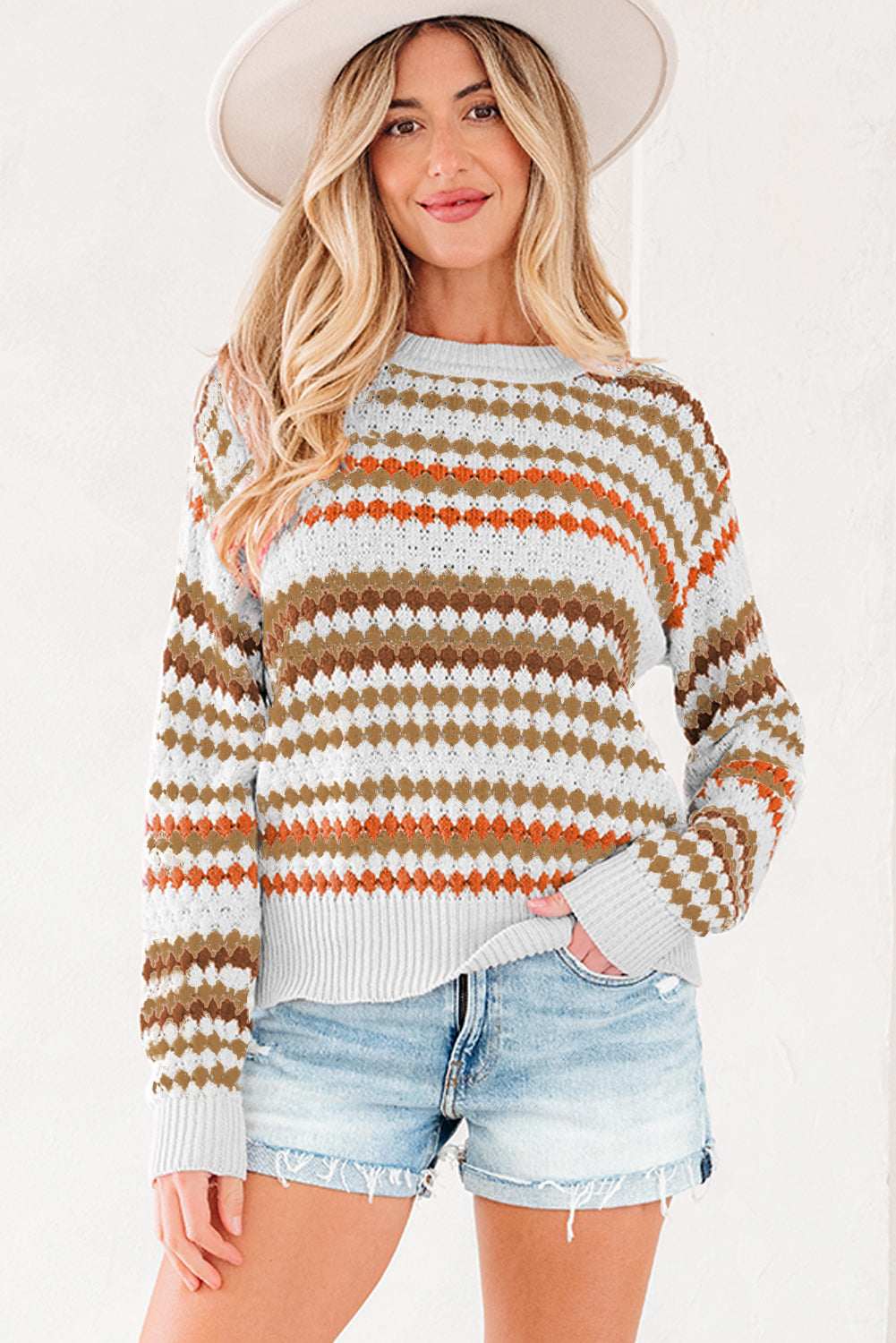 Jimena Patterned Drop Shoulder Sweater - Brown Stripe / L - 12/14