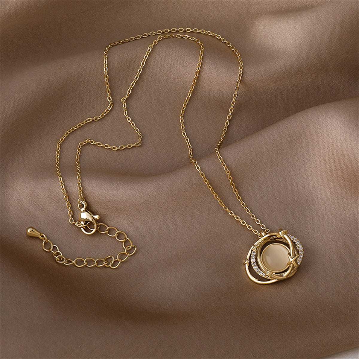 Cats Eye & Goldtone Planet Pendant Necklace