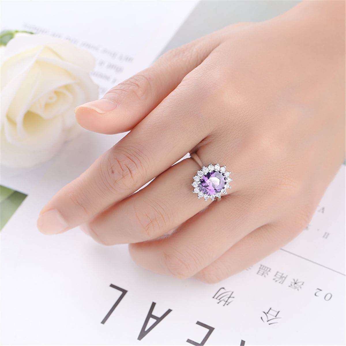 Purple Crystal & Silvertone Flower Ring-8