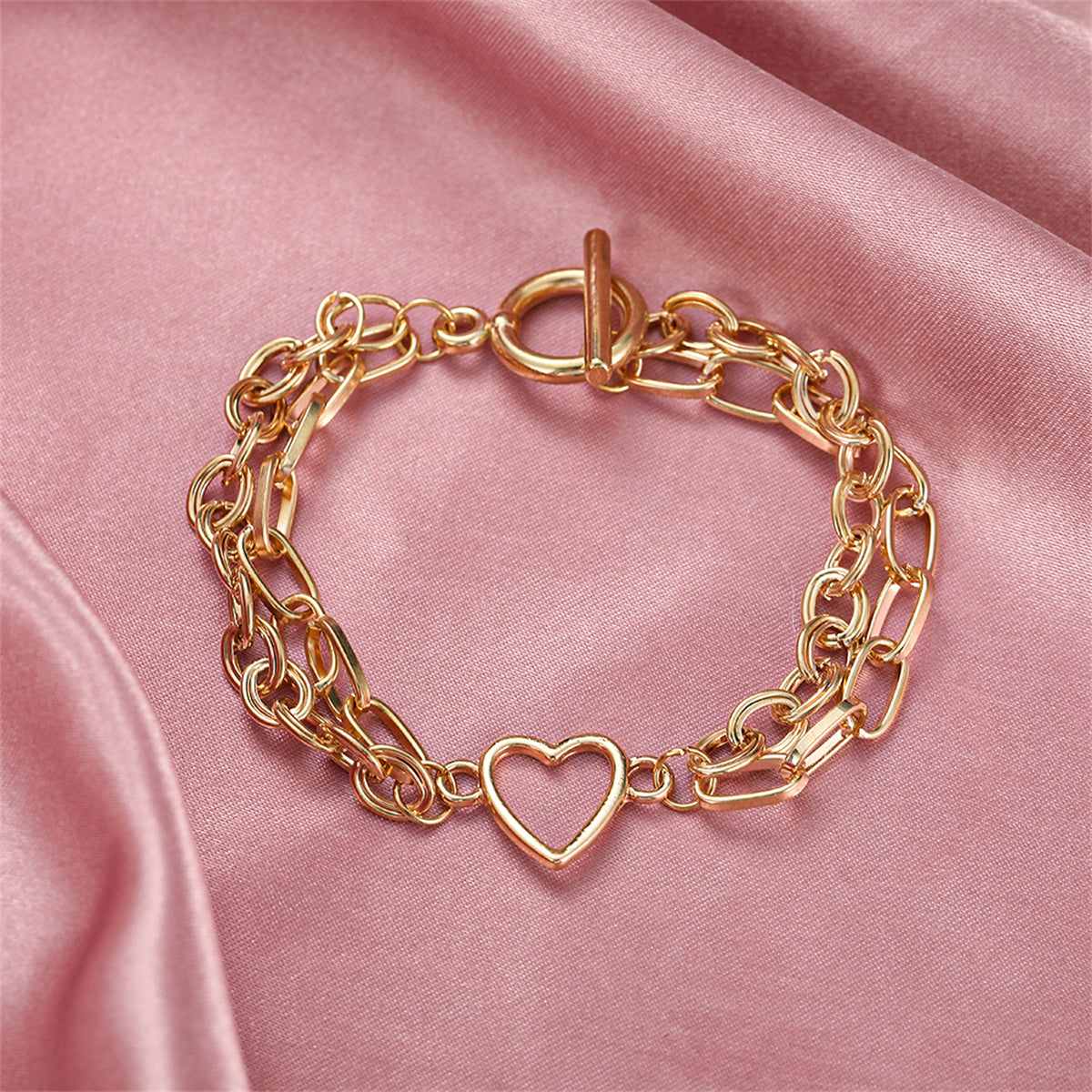 Goldtone Layered Cable Chain Openwork Heart Anklet