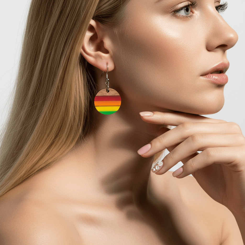Multi-Colored Resin & Wood Silvertone Stripped Round Hook Earrings