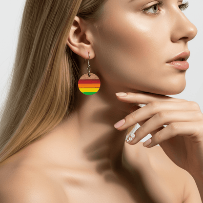 Multi-Colored Resin & Wood Silvertone Stripped Round Hook Earrings