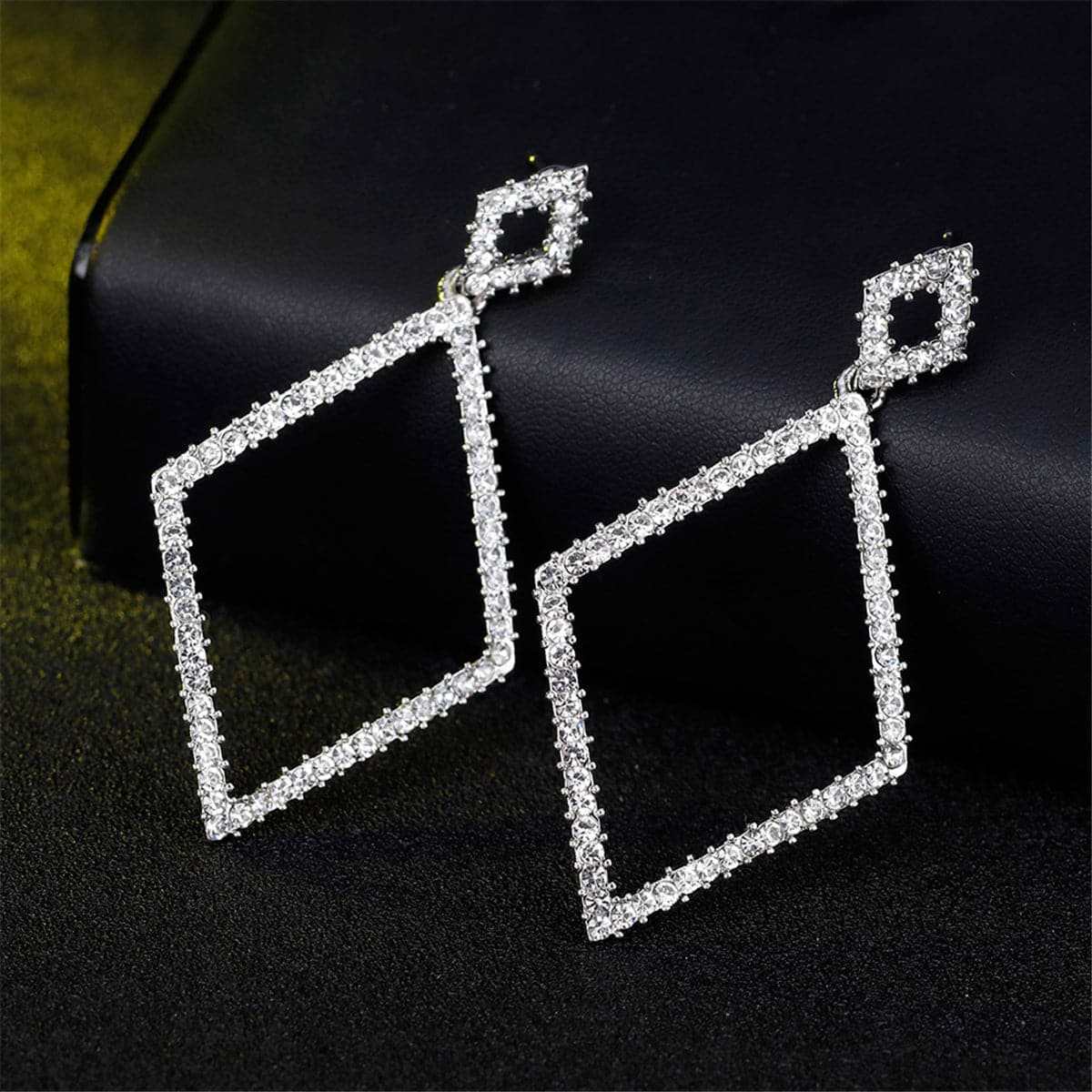 Cubic Zirconia & Silvertone Rhombus Open Drop Earrings