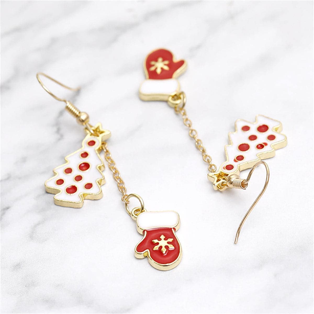 Red & White Tree & Mittens Drop Earrings