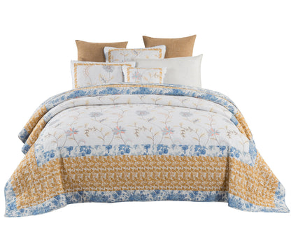 Tache Coastal Cottage Embroidered White Blue Yellow Floral Cotton Patchwork Quilt Set (JHW-668)