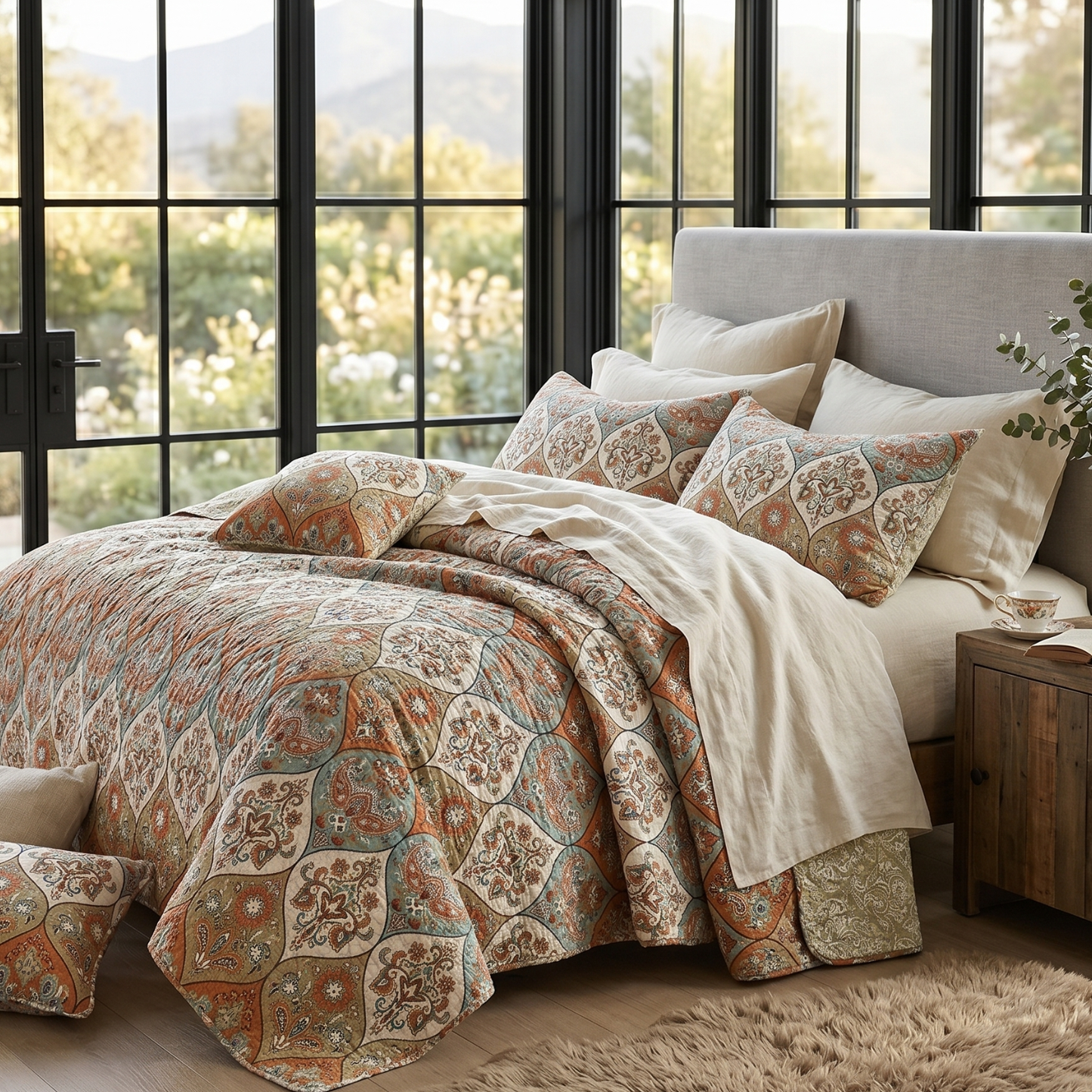 DaDa Bedding Bohemian Floral Paisley Garden Coral Teal Quilted Bedspread Set (LH1403)