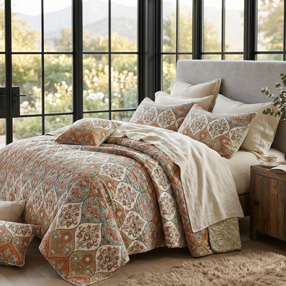 DaDa Bedding Bohemian Floral Paisley Garden Coral Teal Quilted Bedspread Set (LH1403)