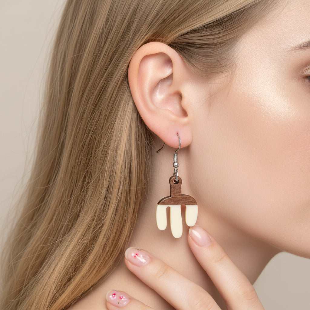 White Resin & Wood Silvertone Cactus Hook Earrings