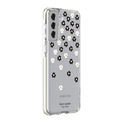 Kate Spade New York Defensive Hardshell Case Compatible with Samsung Galaxy S21+ 5g - Scattered Flowers Silicone,Lightweight Black/White/Gold Gems/Clear/White Bumper