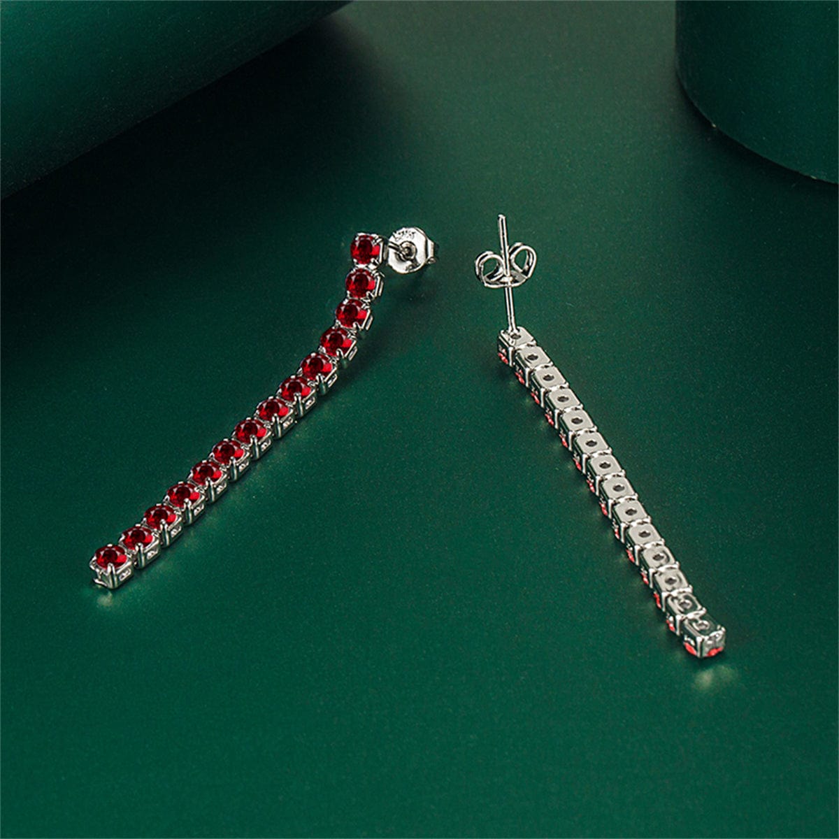 Red Cubic Zirconia & Silvertone Tassel Drop Earrings