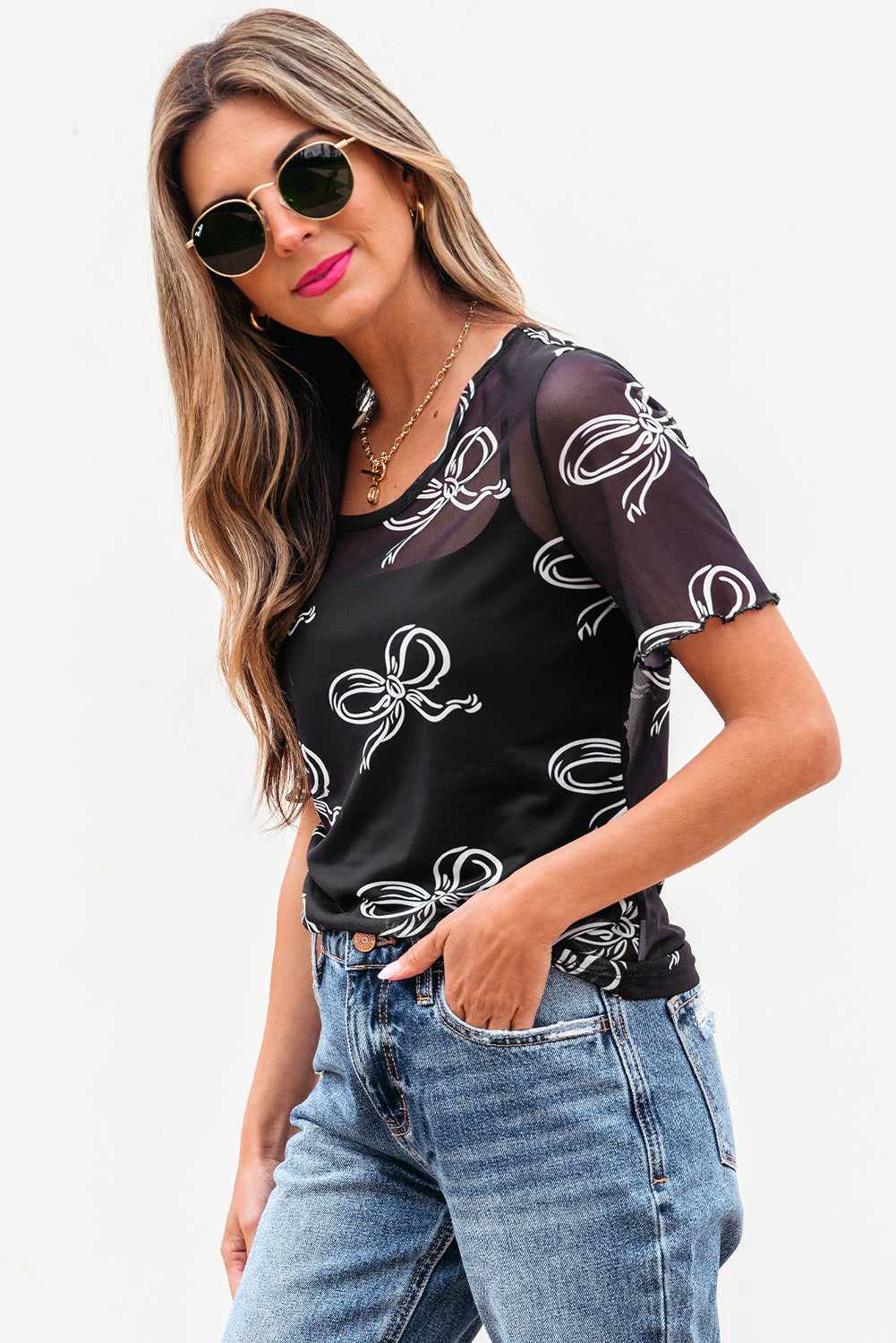 Threaded Pear Maddie Bow Mesh Short Sleeve Top