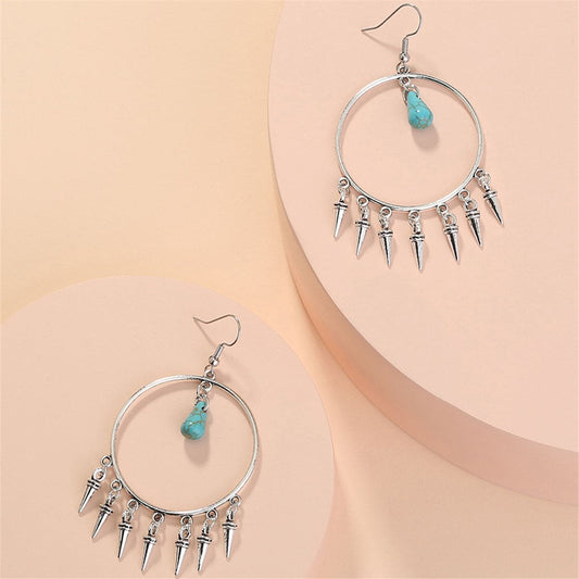Turquoise & Silvertone Bullet Tassel Drop Earrings