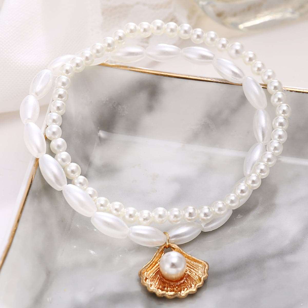 Pearl & Goldtone Shell Charm Stretch Anklet Set