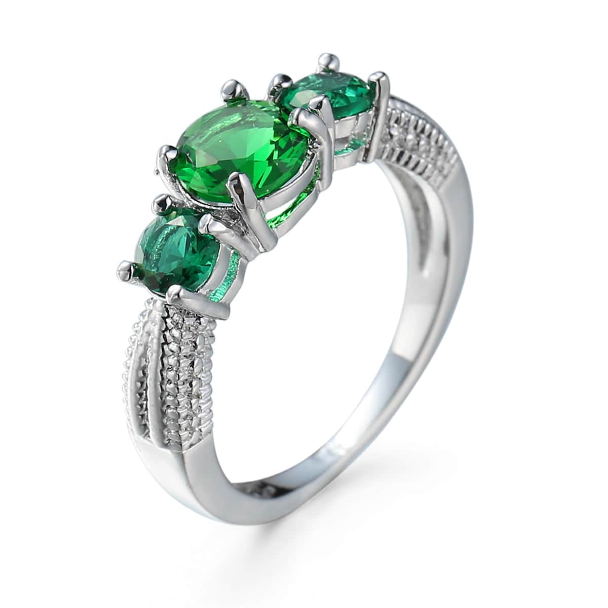 Green Crystal & Silvertone Oval Prong Ring