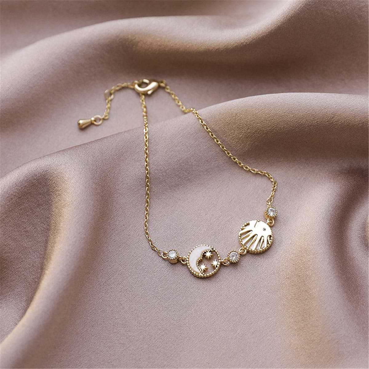 Cubic Zirconia & Shell 18K Gold Plated Round Moon Sun Charm Bracelet