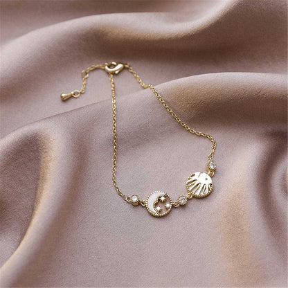 Cubic Zirconia & Shell 18K Gold Plated Round Moon Sun Charm Bracelet