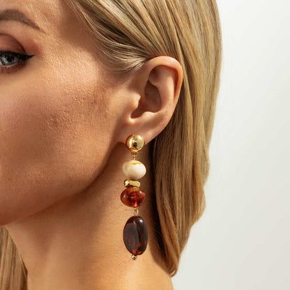 Amber Resin & Goldtone Tiered Irregular Beads Dangle Earrings
