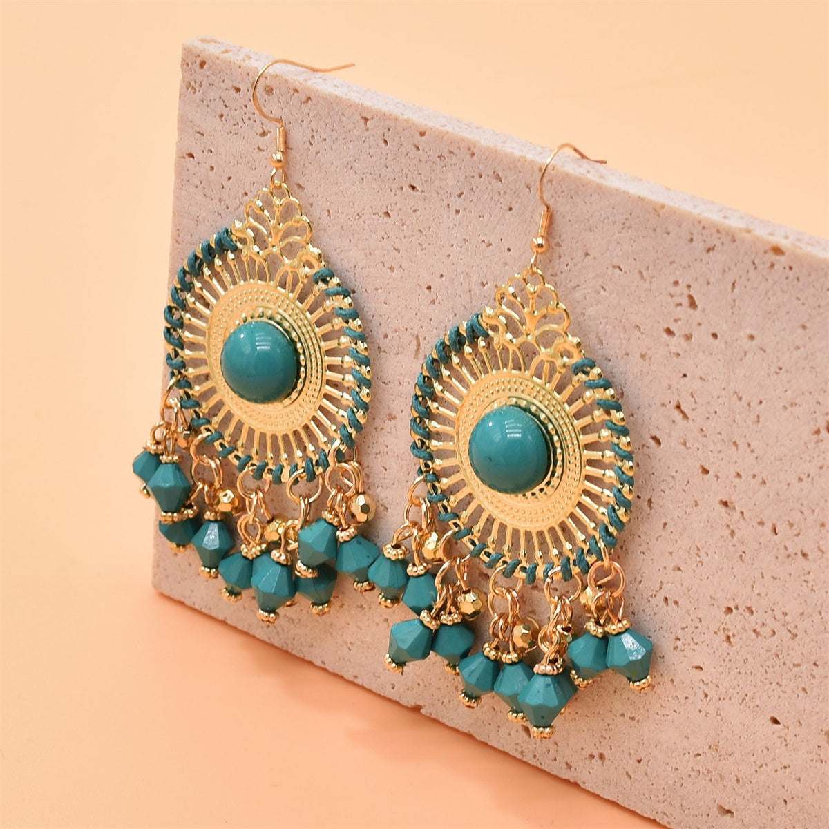 Green Acrylic & Enamel Goldtone Openwork Round Drop Earrings