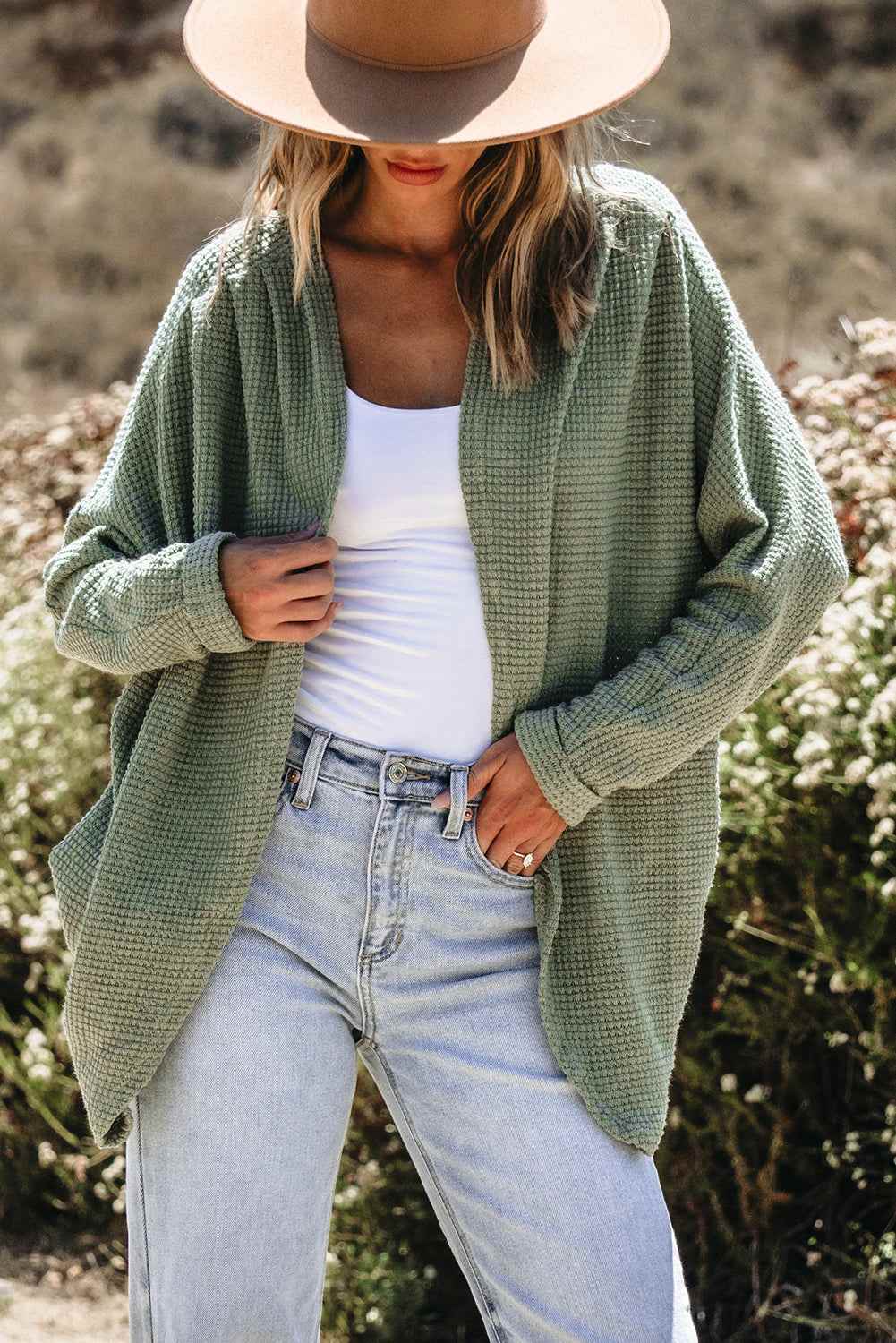 Threaded Pear Waffle Knit Open Front Cardigan