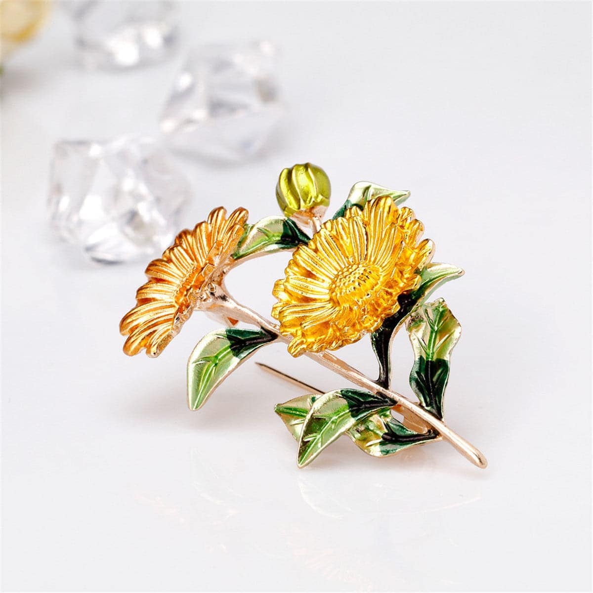 Yellow Enamel & Goldtone Flower Brooch