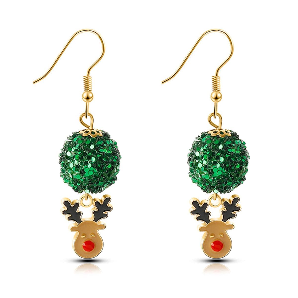 Green Enamel & Acrylic Goldtone Ball Reindeer Drop Earrings