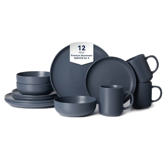 4 Supply 12-Piece Stoneware Dinnerware Sets With Mugs | Microwave & Dishwasher Safe | Non-Toxic Dinner Plates Bowls Set | Stackable Matte Glaze Kitchenware For 3