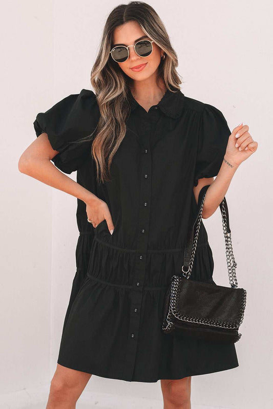 Threaded Pear Cassidy Button Down Puff Sleeve Ruffle Hem Dress