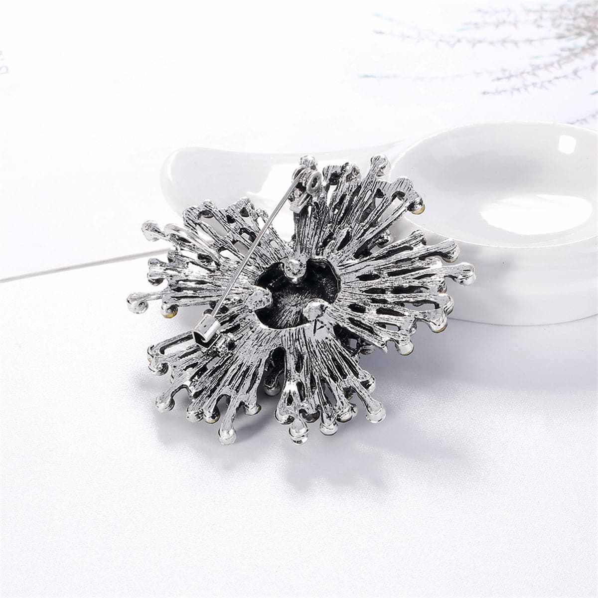 Blue Cubic Zirconia & Silvertone Flower Brooch-1