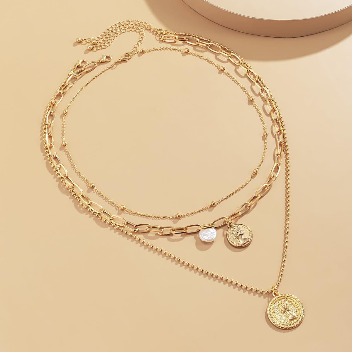 Pearl & Goldtone Coin Cable Chain Necklace Set