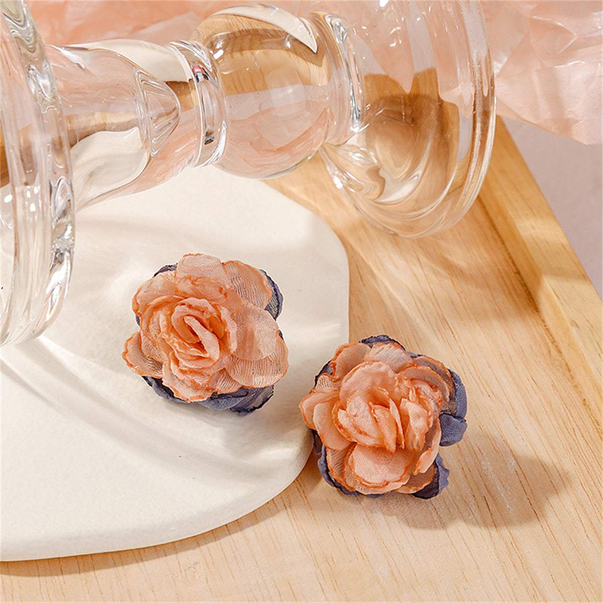 Pink & Blue Chiffon & Silvertone Flower Stud Earrings