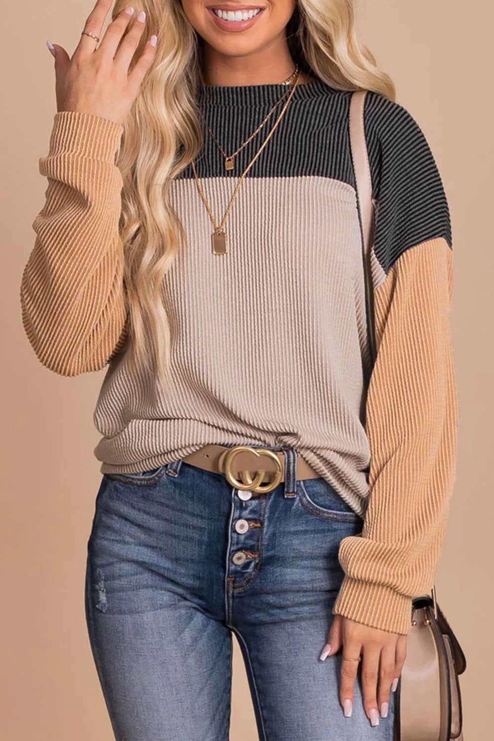 Rachel Block Long Sleeve Ribbed Loose Top - Red / M - 8/10