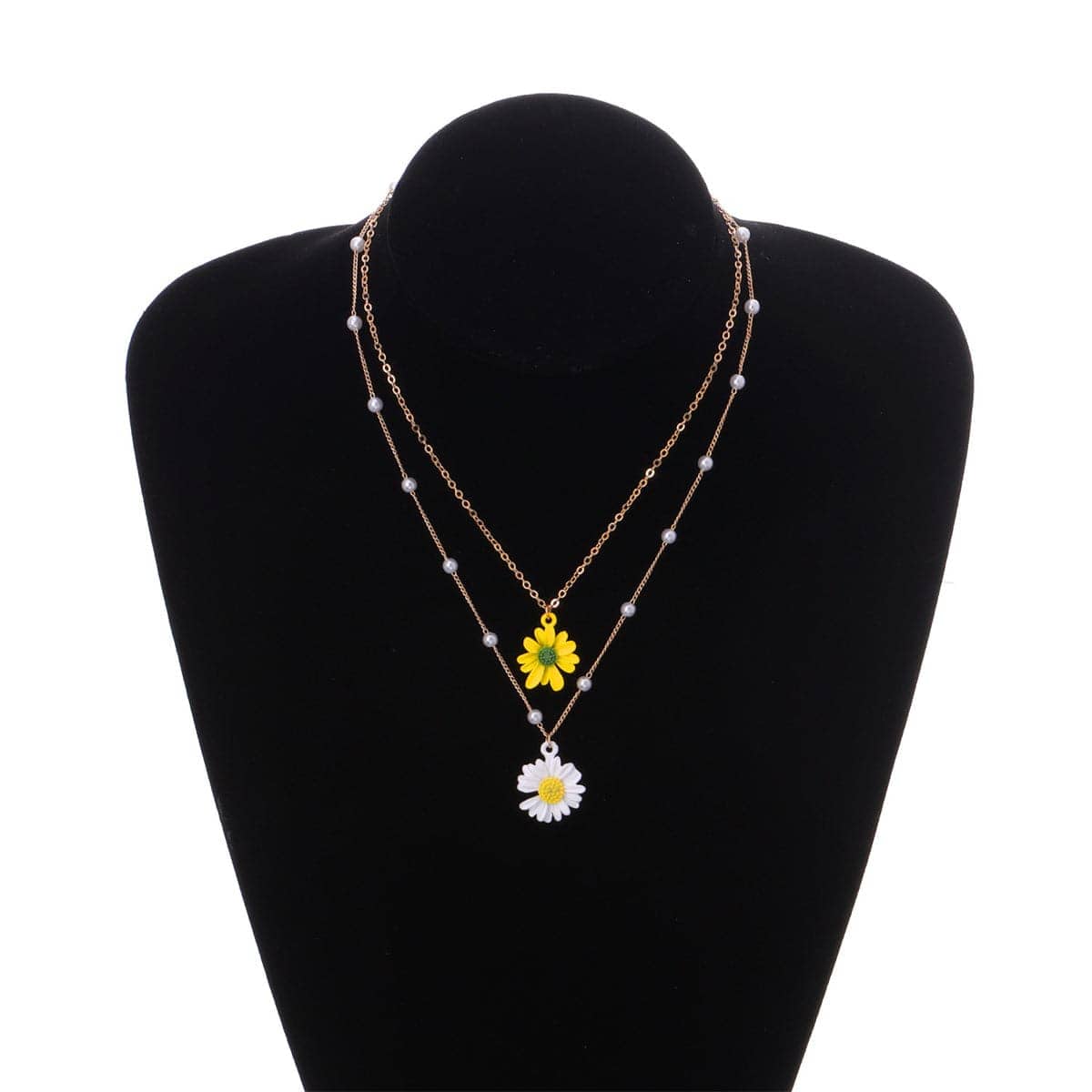 Yellow Enamel & Pearl Goldtone Mum Layered Pendant Necklace