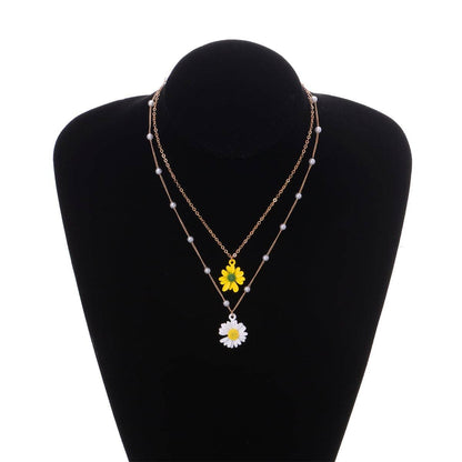 Yellow Enamel & Pearl Goldtone Mum Layered Pendant Necklace