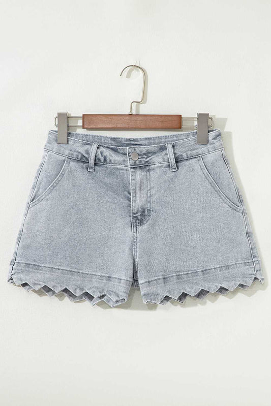 Threaded Pear Scalloped Acid Wash High Waist Denim Shorts