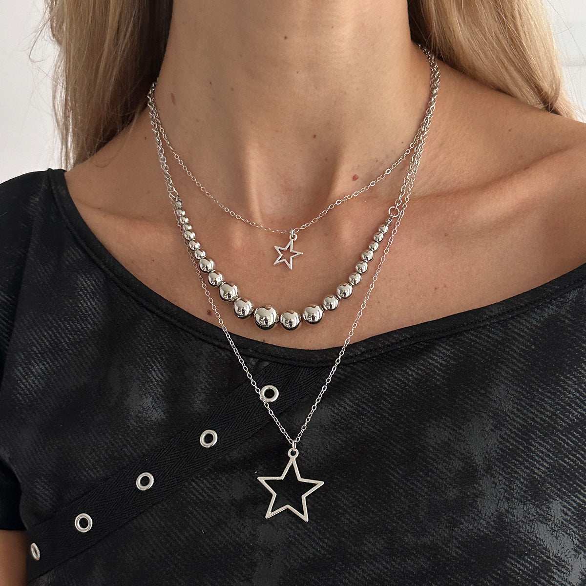 Silvertone Graduated Beaded Chain Open Star Pendant Layered Necklace