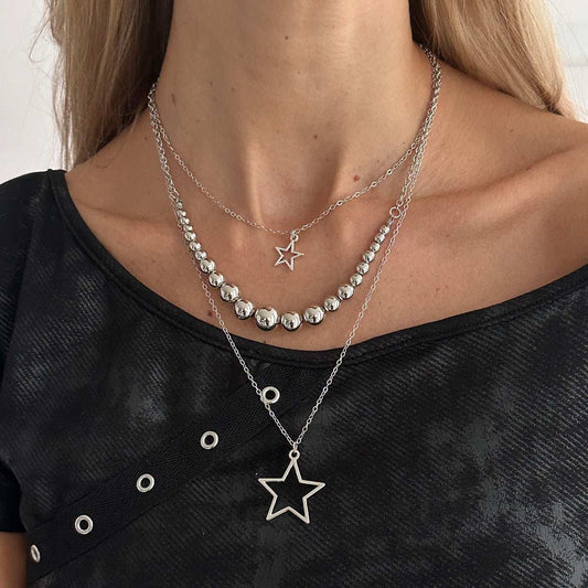 Silvertone Graduated Beaded Chain Open Star Pendant Layered Necklace