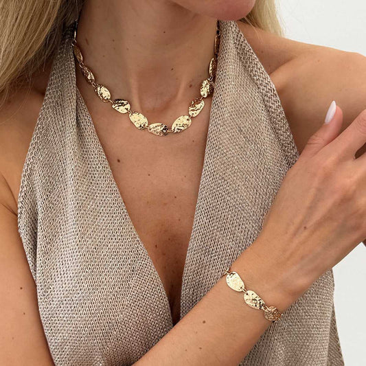 Goldtone Hammered Pear Chain Bracelet & Necklace Set